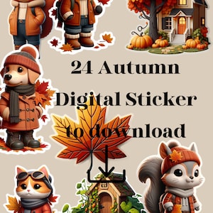 Lot de 3 feuilles d'autocollants numérique png automne, décoration d'automne. Animaux en automne et paysages automne.