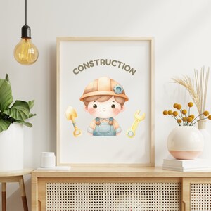 May include: A printable poster with a cartoon illustration of a construction worker wearing a yellow hard hat and blue overalls. The poster has the word "CONSTRUCTION" in brown text at the top.