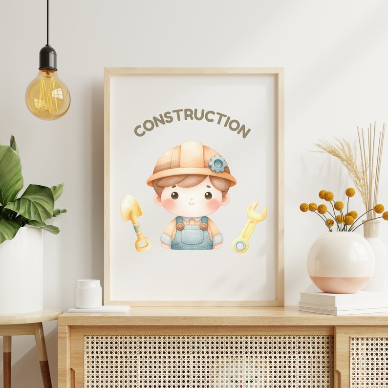 May include: A printable poster with a cartoon illustration of a construction worker wearing a yellow hard hat and blue overalls. The poster has the word "CONSTRUCTION" in brown text at the top.