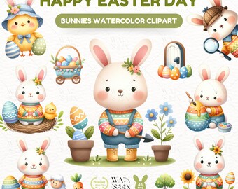 Easter Bunny Watercolor Clipart: Spring Nursery Art (PNG JPG)