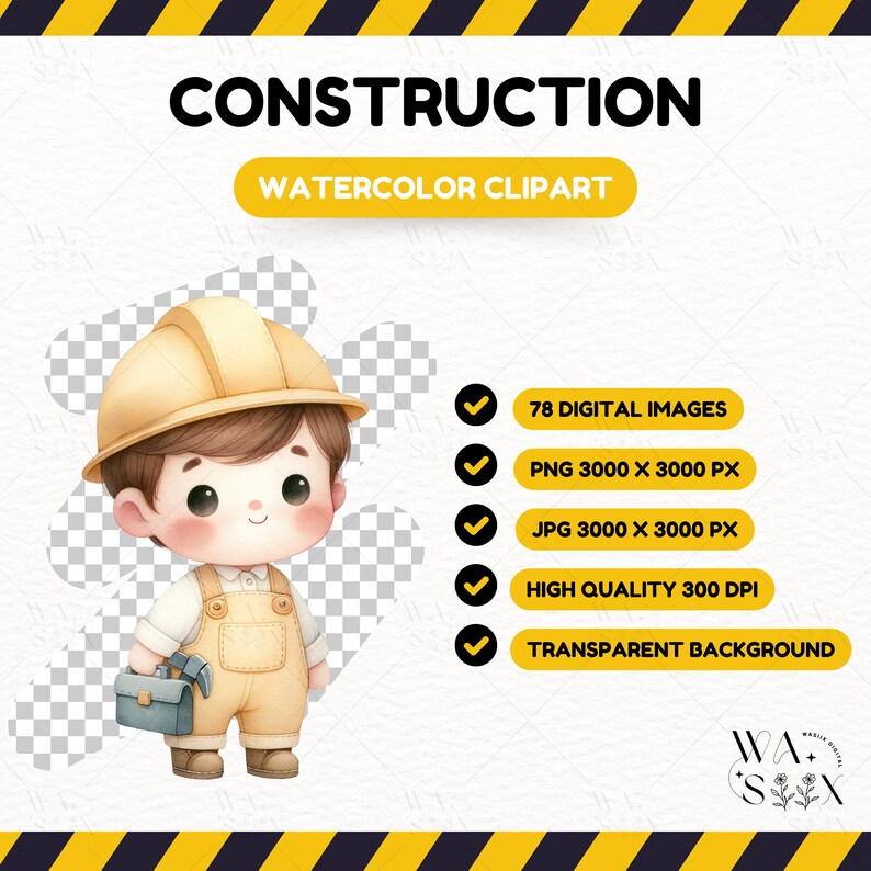 May include: A watercolor illustration of a cartoon construction worker wearing a yellow hard hat and overalls. The worker is holding a toolbox with a hammer sticking out. The image has a transparent background.