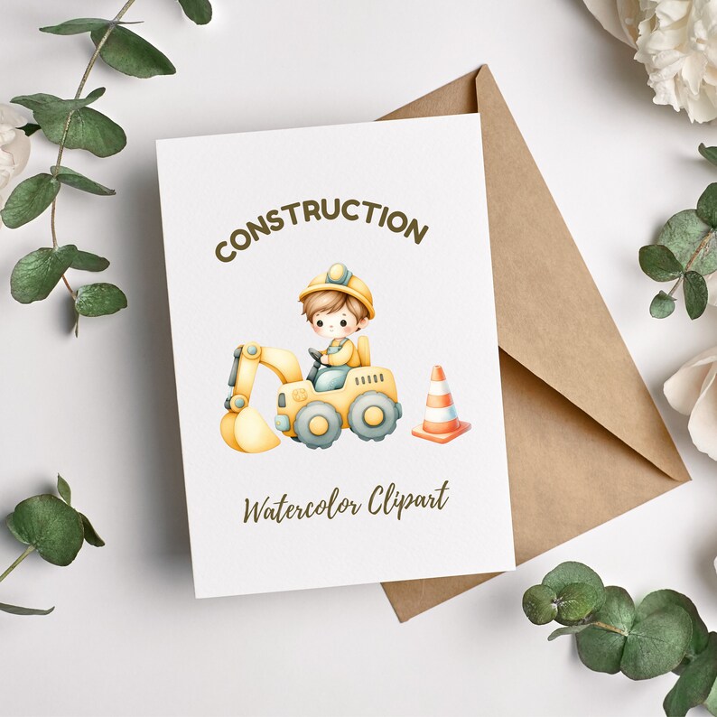 May include: A watercolor clipart illustration of a construction worker driving a yellow excavator with a traffic cone. The text "CONSTRUCTION" is above the image and "Watercolor Clipart" is below the image.
