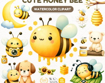 Honey Bee Watercolor Clipart Set, Nursery Art (PNG, JPG)