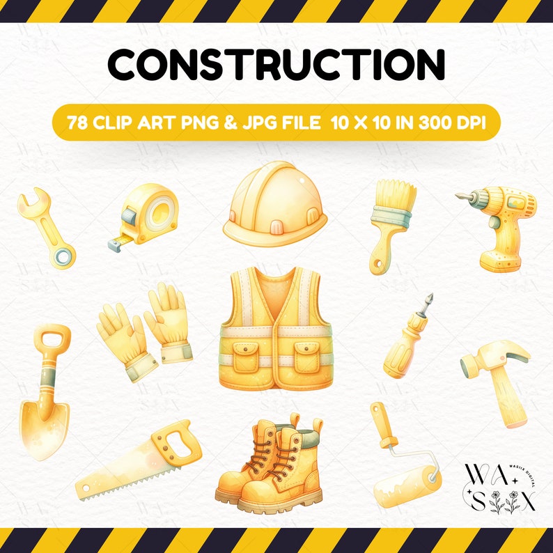 Construction Tools, adjustable wrench, drill, glove, hammer, hand saw, hand screwdriver, paint roller, paintbrush, safety helmet, safety vest, screw, spade, stepladder, tape measure, theodolite, tool box, work boots