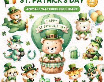 St. Patrick's Day Animals Watercolor Clip Art: Nursery Decor (PNG, JPG)