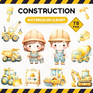 Pacchetto di clipart di costruzioni ad acquerello per bambini, bulldozer, autocarro con cassone ribaltabile, escavatore, arte per bambini - ideale per lavoretti a tema edile