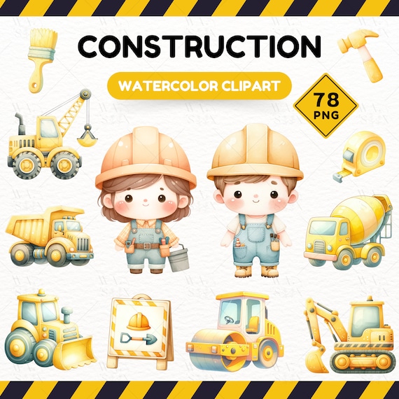 Watercolor Construction Clip Art Bundle: 78 PNG & JPG Images (Digital Download)