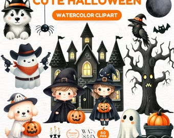 Watercolor Halloween Clipart Bundle, Witch, Pumpkin PNG (Digital Download)