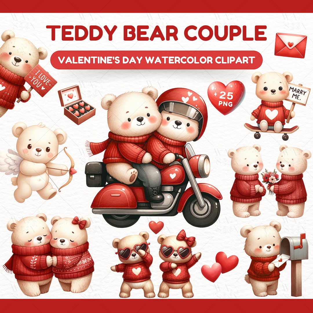 Valentine's Teddy Bear Couple Watercolor Clipart (PNG & JPG) - Etsy