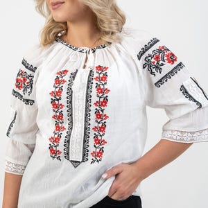Romanian blouse, red black floral  romanian ie, peasant top, traditional blouse for women, gift from Romania