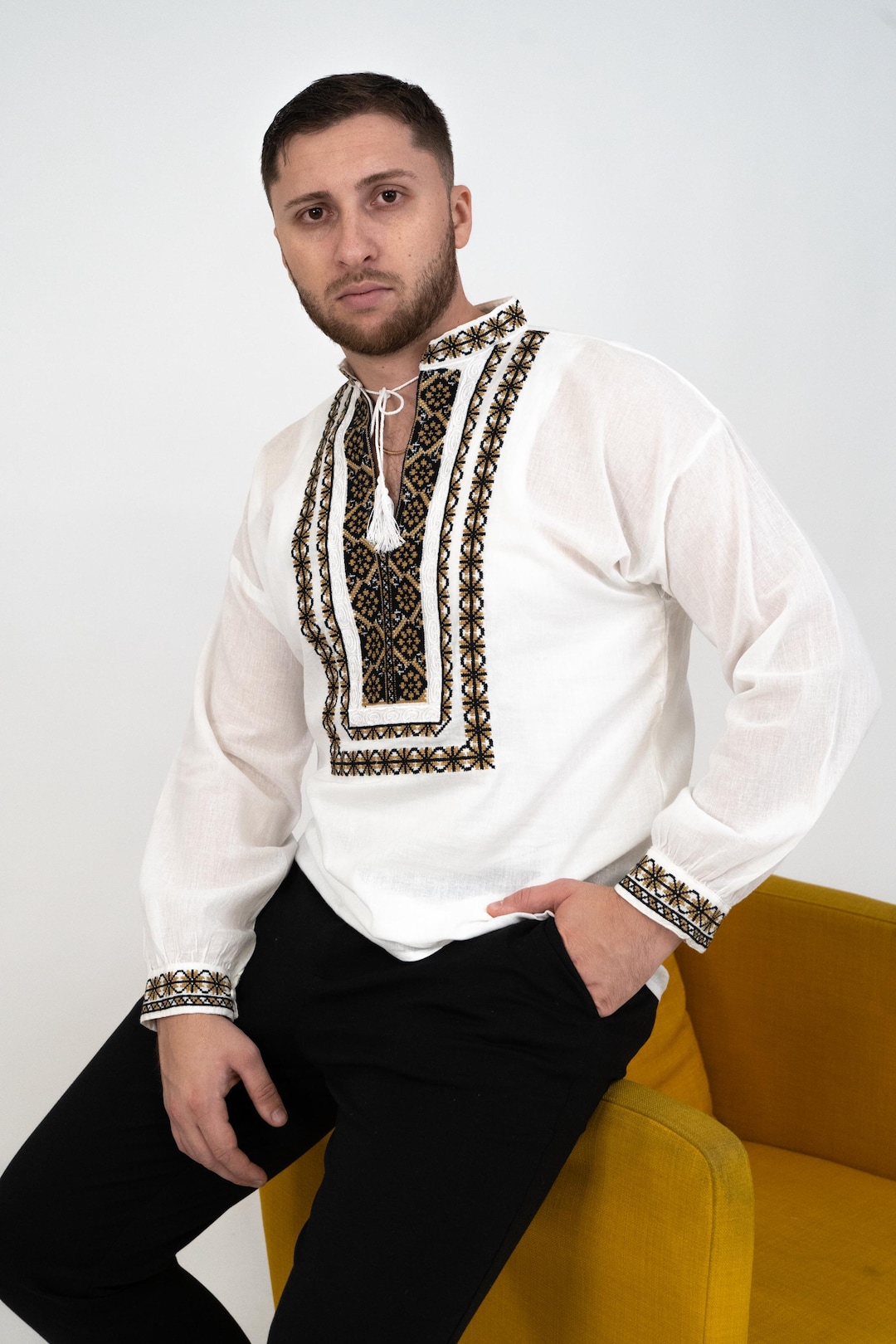 Romanian Men's Shirt, Black and Gold Embroidery, Traditional Folk