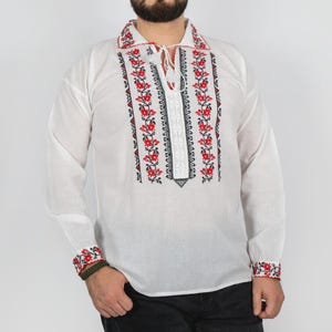Romanian men’s shirt, white with red floral embroidery, traditional peasant top, handmade embroidered shirt, Romanian gift