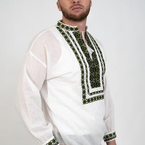 Camisa tradicional rumana para hombre, bordado verde, algodón blanco, estilo geométrico, tallas S a XXXL, regalo rumano