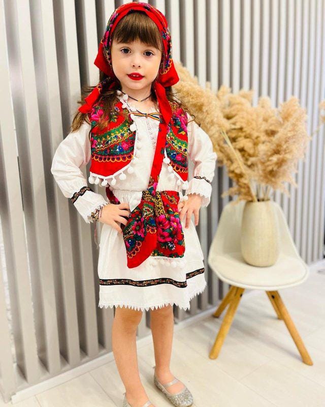 romanian dress Romanian traditional costume for girls, baby to 8 years, folk dress set with red embroidery, gift for Romanian child