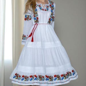 Romanian embroidered folk dress colorful embroidery, long cotton boho dress, folk peasant dress, gift from Romania