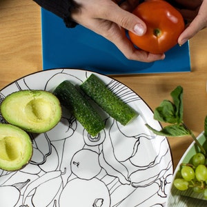 large plate serving vegetable tableware white and black line drawing dinner reusable housewarming gift