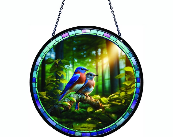 Blue Bird - Acrylic Suncatcher with Chain - Faux Stained Glass - Bird Watcher - Floral Bird- 6 Inch Diameter