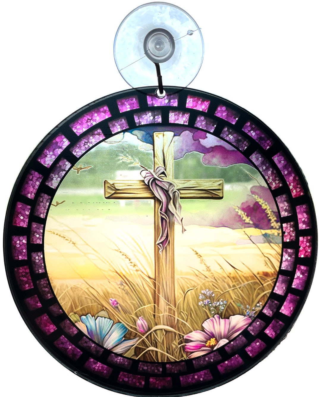 Cross Suncatcher With Suction Cup Faux Stained Glass Religious Artwork