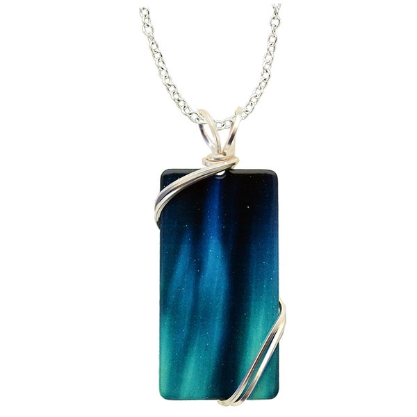 Aurora Necklace - Northern Lights Jewelry - Aurora Borealis- 18" Stainless Steel Chain - Rectangle Necklace