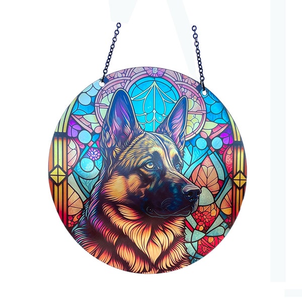 German Shepherd - Suncatcher with Chain - Window Art - Wall Art - Colorful Suncatcher - K-9 Unit - Police Dog - 6 Inch Diameter