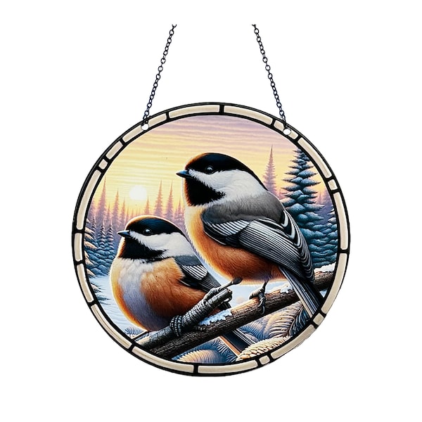 Chickadees - Suncatcher with Chain- Bird Lover - Bird Watcher Gift - Song Bird - 6 Inch Diameter - Transparent - Made in the USA