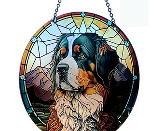 Bernese Mountain Dog - Dog Suncatcher With Chain - Window Art - Farm Dog - Minnesota Made - Dog Lover Gifts - 6 Inch Diameter