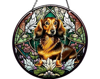 Long Haired Dachshund - Dog - Acrylic Suncatcher with Chain - Weiner Dog - Colorful Dog Artwork - 6 Inch Diameter