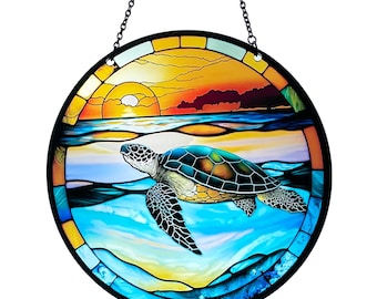 Sea Turtle - Acrylic Suncatcher with Chain - Ocean Window Art - Marine Animal Gift- Colorful Sun Catcher - Sea Creature - 6 Inch Diameter