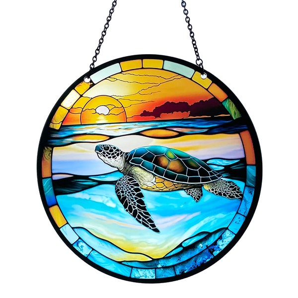 Sea Turtle - Acrylic Suncatcher with Chain - Ocean Window Art - Marine Animal Gift- Colorful Sun Catcher - Sea Creature - 6 Inch Diameter