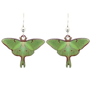 May include: A pair of green and silver earrings featuring a detailed image of a Luna moth.