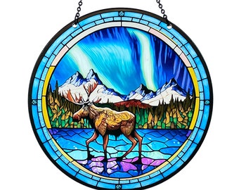 Moose Art - Colorful Suncatcher with Chain - Northern Lights - Alaska Animal - Faux Stained Glass - Acrylic - 6 Inch Diameter