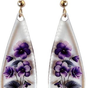 Violet earrings, made from acrylic, transparent floral, made in the U.S.A. double sided, light durable earrings