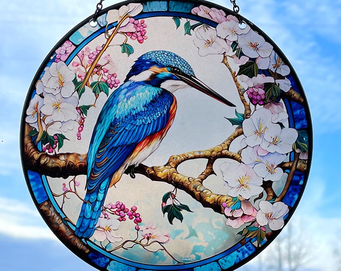 Kingfisher - Bird Suncatcher with Chain - Faux Stained Glass - Acrylic - Bird Watcher - Floral Bird- 6 Inch Diameter