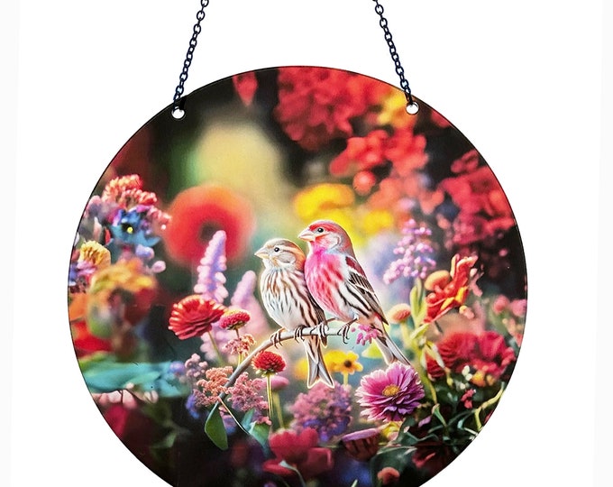 House Finch - Bird Suncatcher with Chain - Faux Stained Glass - Acrylic - Flower Field - Love Birds - 6 Inch Diameter