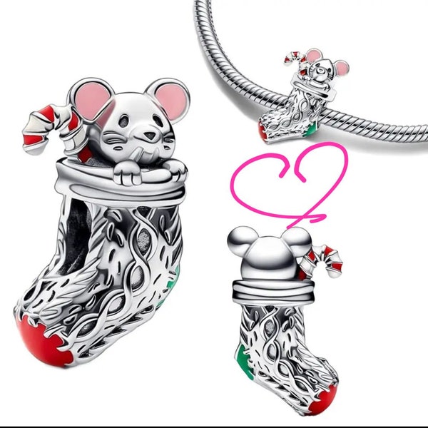 NEW in Festive Mouse & Stocking Charm Sterling Silver 925 fits in bracelets pendant  Bracelet ,for girl, women and a Easter day gift