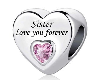 Perfect gift Sister Love You Forever bead heart Charm Sterling Silver 925 fits in bracelets pendant  neckless ,for sister ,Valentine's Day