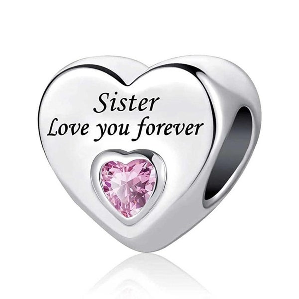 Perfect gift Sister Love You Forever bead heart Charm Sterling Silver 925 fits in bracelets pendant  neckless ,for sister ,Valentine's Day