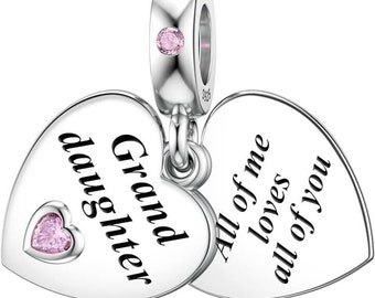 Grand Daughter double dangle pink heart Charm Sterling Silver 925 fits in bracelets pendant  Bracelet girl a Easter day gift