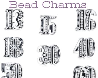 13th, 16th, 18th, 21t, Birthday Celebration bead sparkling Charm Sterling Silver 925  fits in bracelets pendant  Bracelet Valentine's Day