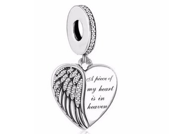 Angel Wings Memorial Remembrance heart dangle Charm Sterling Silver 925 fits in bracelets pendant  Bracelet girl a Easter day gift