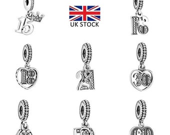 New 13th, 16th, 18th, 21t, Birthday Celebration dangle Charm Sterling Silver 925  fits in bracelets pendant  Bracelet Valentine's Day