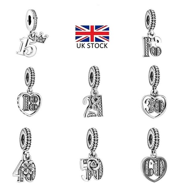 New 13th, 16th, 18th, 21t, Birthday Celebration dangle Charm Sterling Silver 925  fits in bracelets pendant  Bracelet Valentine's Day