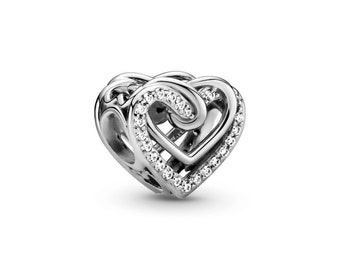 Sparkling Entwined Hearts Charm Sterling Silver 925 fits in bracelets pendant  Bracelet ,for girl women a Easter day gift