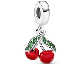 Cherry green leaf dangle Charm Sterling Silver 925 fits in bracelets pendant  Bracelet ,for girl women and a Easter day gift