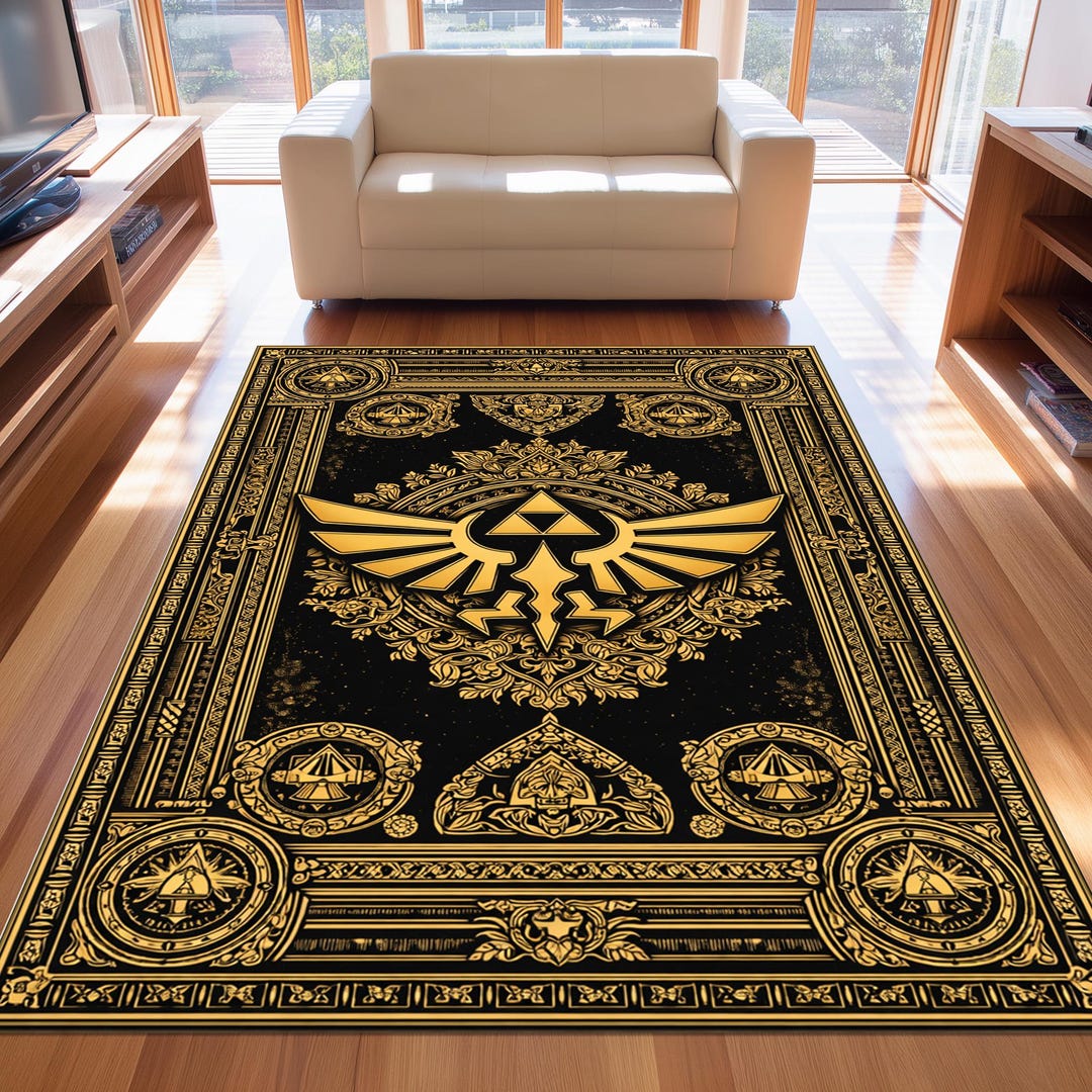 Zelda Triforce Rug: Gold Hylian Crest Symbol, Black Fantasy Pattern ...
