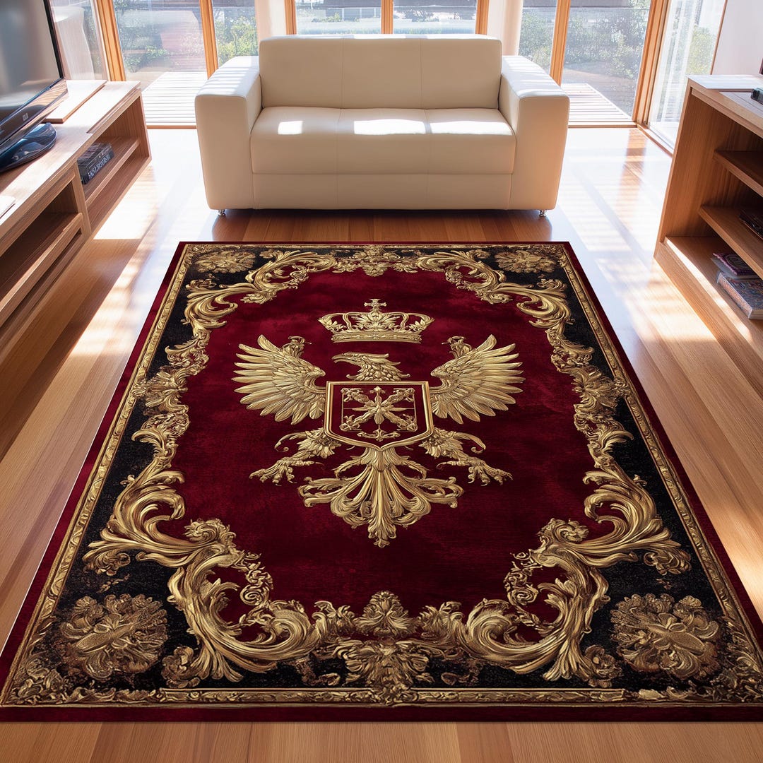 Rectangular Rug Emblem Baroque Royal Crest Rug: Gold Eagle Emblem Carpet, Red Velvet Pattern ...