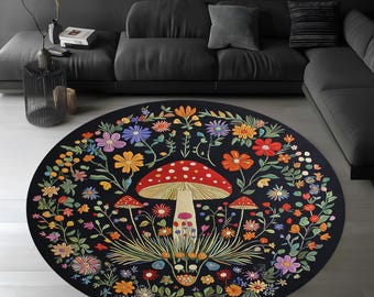 Mushroom Round Rug, Floral Decor, Nature Inspired
