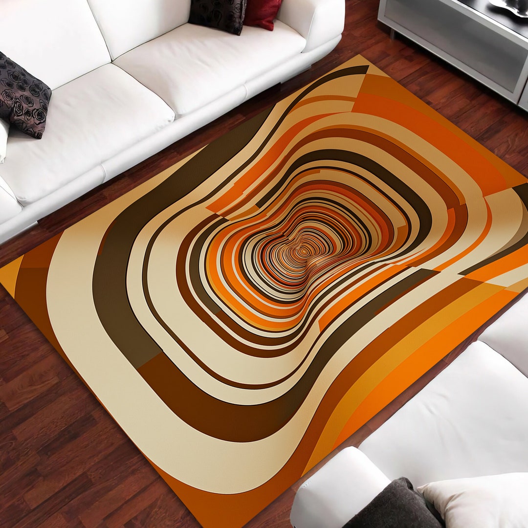 Mid Century Rug, Retro Rug, Brown Orange Retro Mid Century Rug, Retro ...