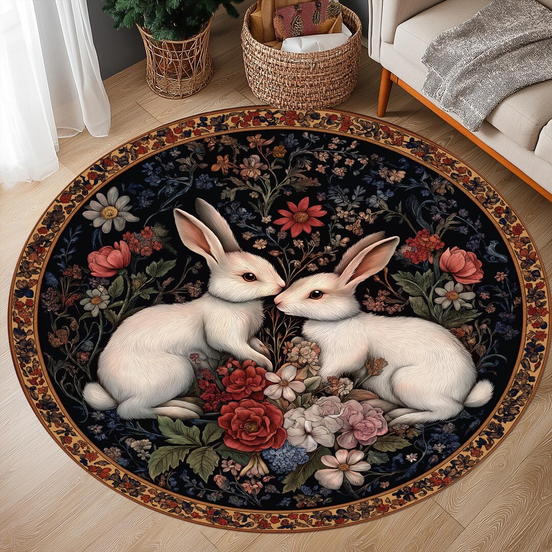 Floral Rabbit Round Rug, Cotton Woven Area Rug - Etsy