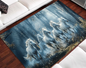 White Horses Area Rug: Equestrian Art, Farmhouse Decor